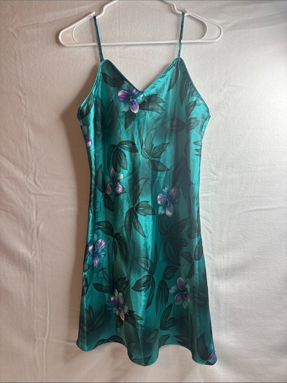 Secret Treasures Women’s M Floral Satin Chemise Teal Adjustable Strap Polyester